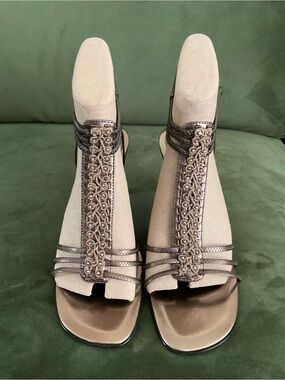 Nine West Metallic Taupe Braided T-Strap Heels